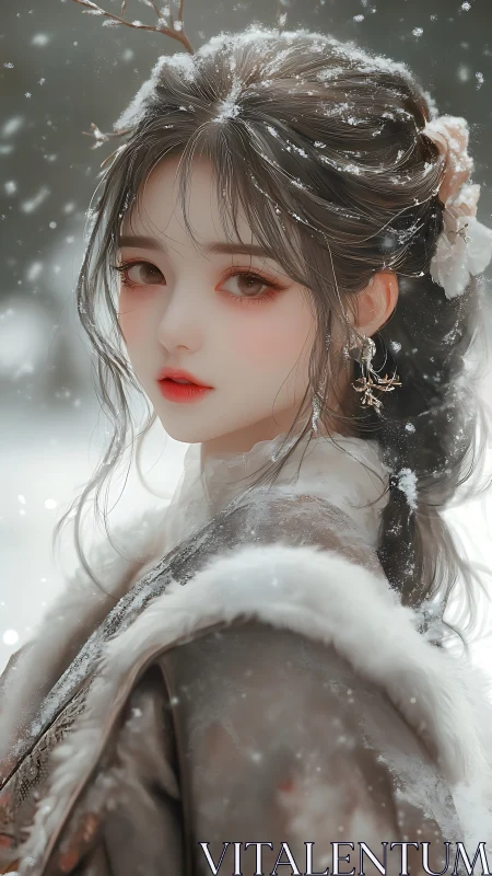 Snowlit winter maiden in fur-trimmed hanfu portrait.