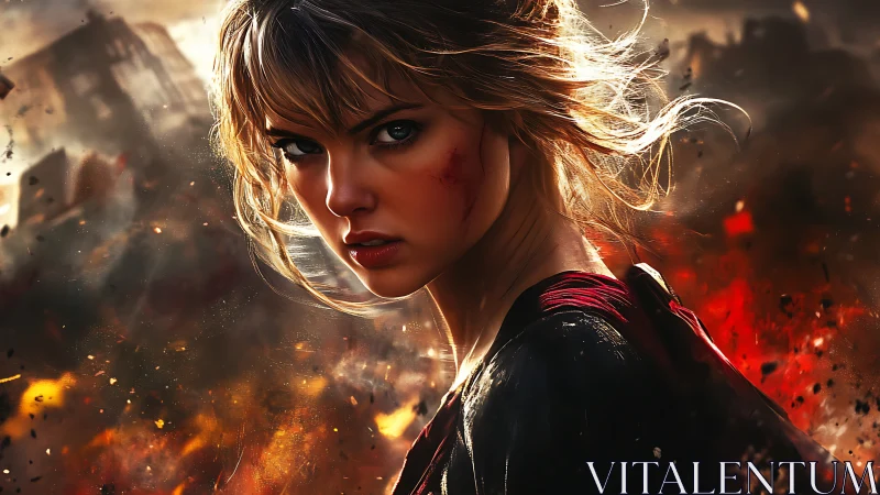 Battle-scarred heroine in incendiary cinematic close-up frame.