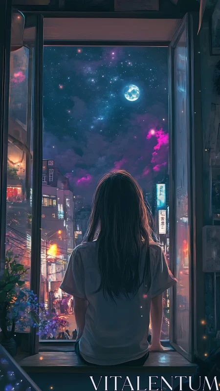 Nocturnal city window study with contemplative silhouette.