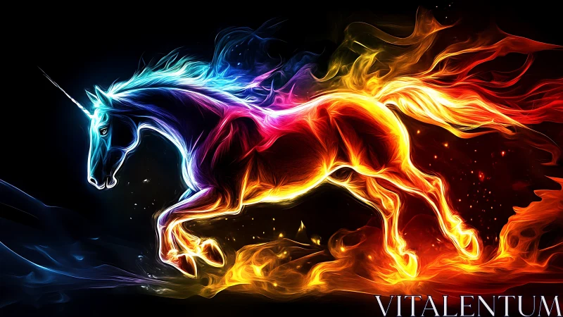 Radiant fire and starlight unicorn racing through night.