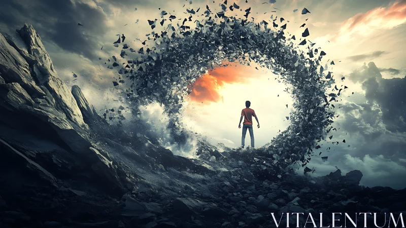 Human figure before circular portal of rock fragments outdoors.