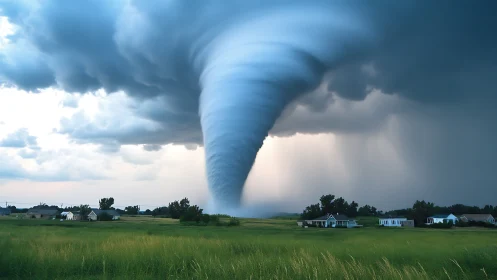 Powerful tornado spiraling above calm green countryside homes.