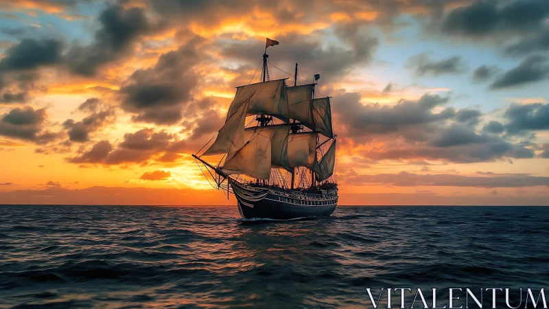 Photorealistic tall ship silhouette in sunset seascape composition.