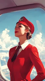 Confident flight attendant gazing toward bright open skies.