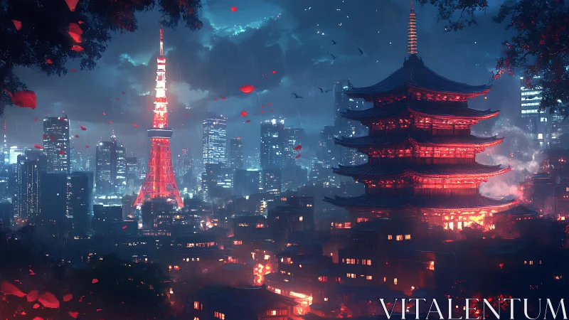 Neon pagoda and tower skyline in rain-soaked Tokyo night.