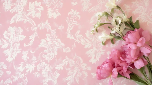 Pink Peonies and White Blooms on Damask Wallpaper.