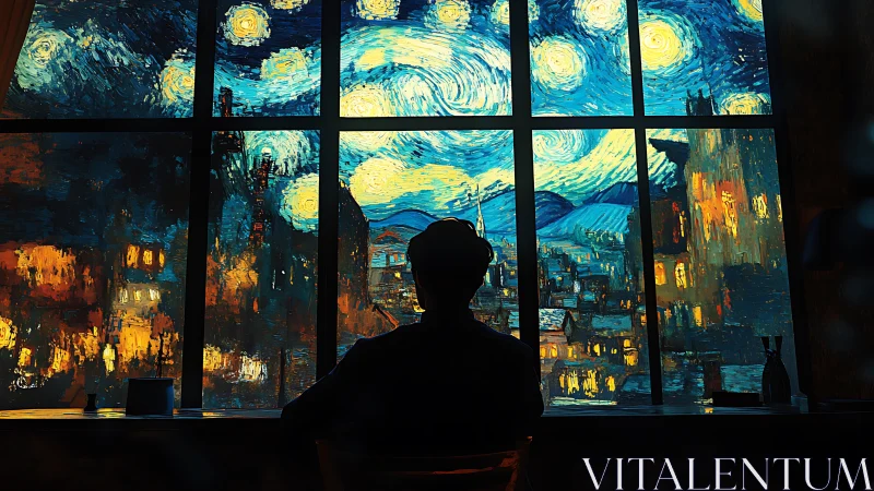 Silhouette watches starry city under swirling night sky