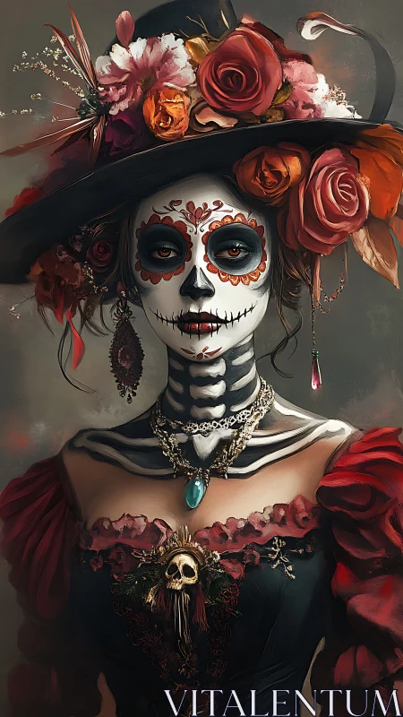 Opulent Catrina muse crowned in roses and whispered bones.