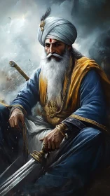 Regal Sikh warrior seated in stormlit chiaroscuro digital portrait