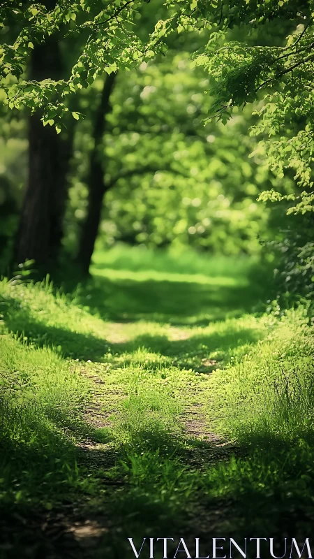 Sunlit forest path winds through emerald canopy