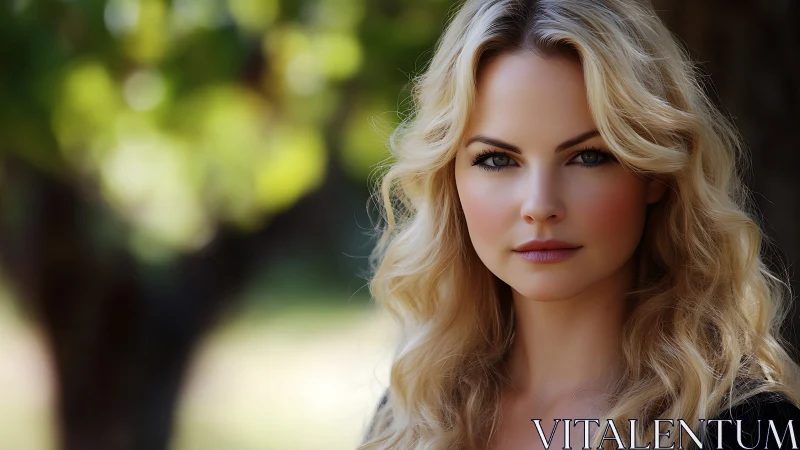 Woman with long blonde wavy hair faces camera outdoors calmly