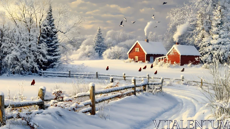 Winter birds gather near cozy red cabins in soft evening snow
