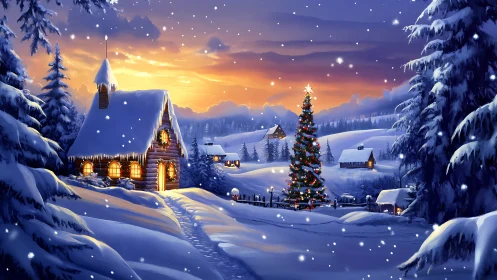Snowy village glows under sunset sky with decorated tree