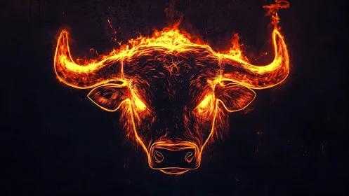 Flaming bull head illustration on dark burning backdrop.