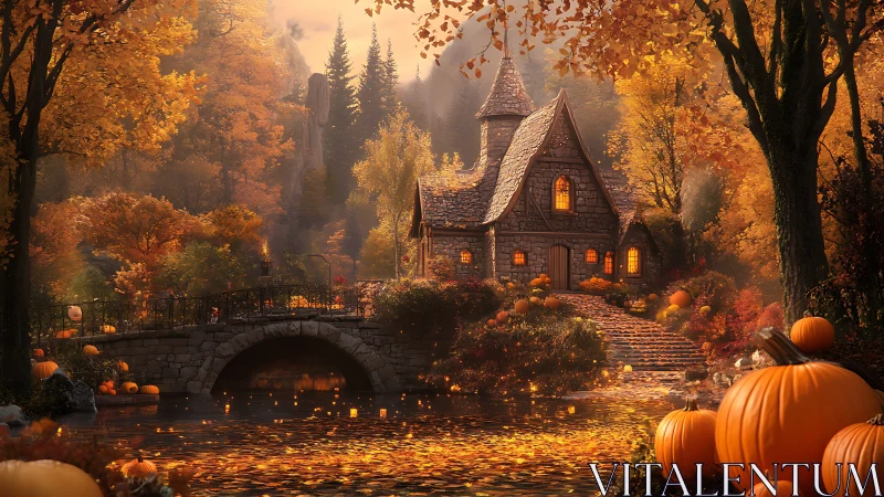 Stone cottage beside bridge in dense autumn landscape.