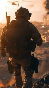 Sunlit soldier overlooking a city caught in smoky turmoil.