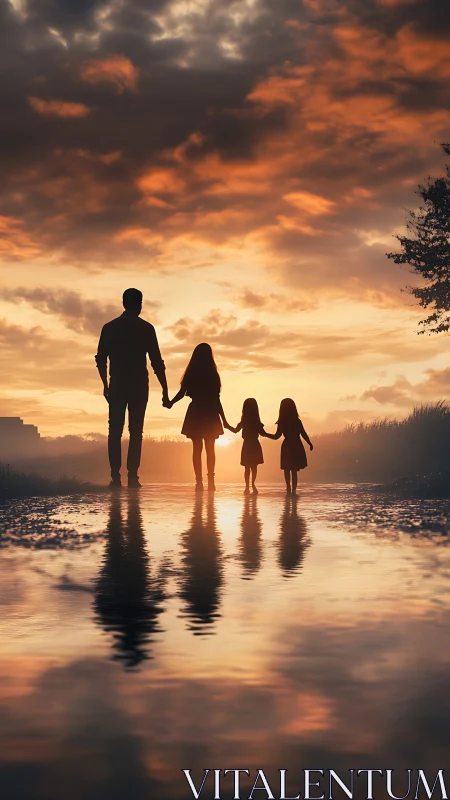 Sunset stroll with dad and daughters reflected in still water.