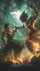 Muscular warriors clash midair amid fire and shattered earth