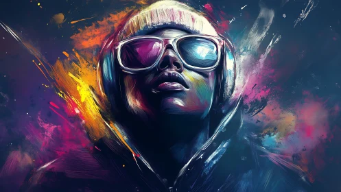 Headphones portrait with neon splashes and bold color strokes.