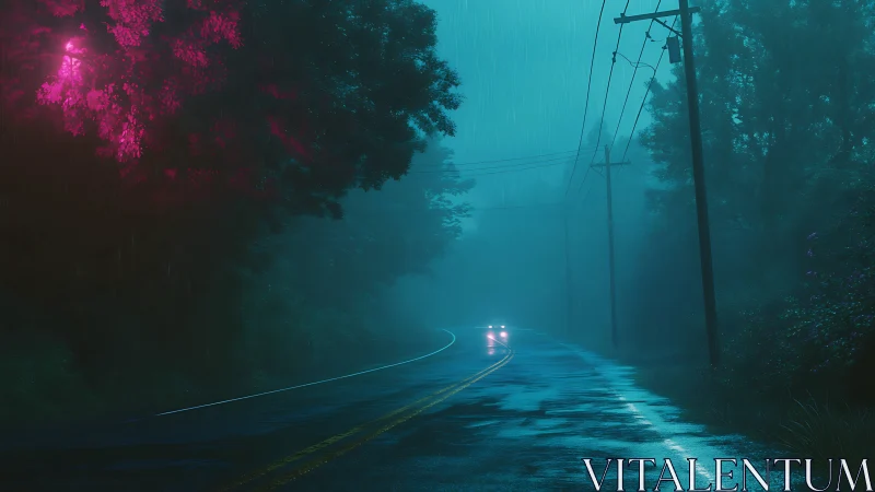 Neon glow cuts through a rainy, fog-drenched forest road.