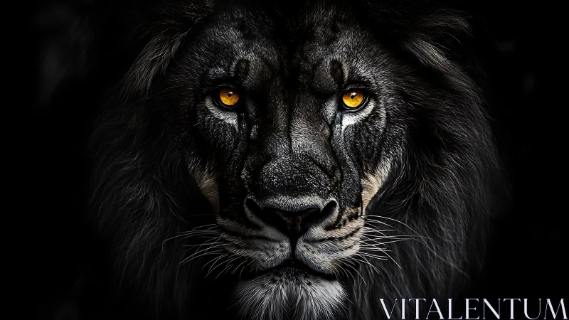 Golden-eyed black lion emerges from deep shadowed darkness.