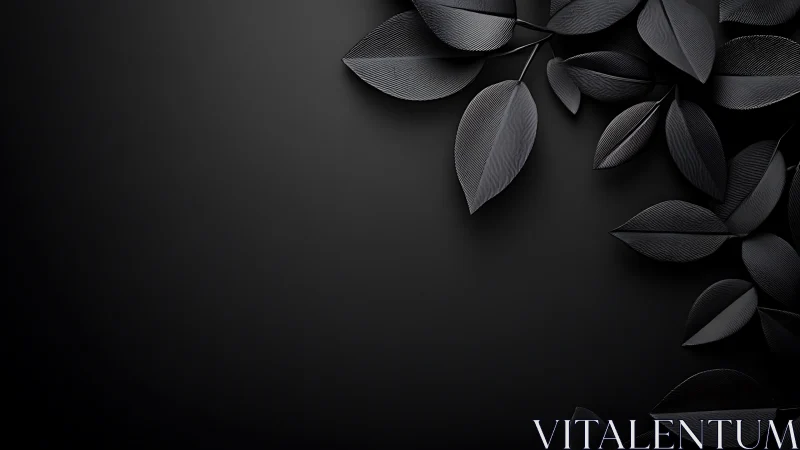 Matte black botanical leaves with embossed linear texture on void