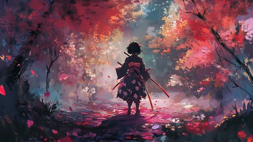 Young wanderer in glowing autumn forest of soft magic.