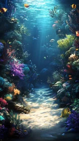 Coral reef corridor shows sunlit sandy seabed and fish