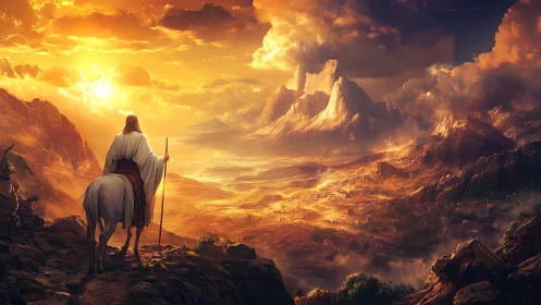 Solitary pilgrim on white steed beneath a blazing dawn sky.