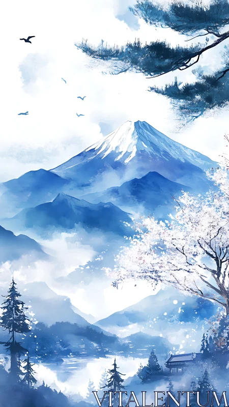 Blue-toned Mount Fuji vista with lake, pines and sakura bloom.