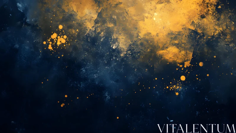 Abstract navy blue and gold splatter painting with textured effects.