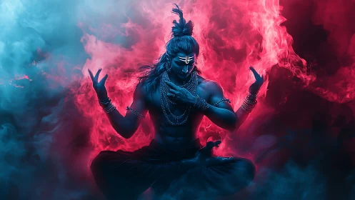 Mythic blue ascetic in dynamic red-blue bokeh smoke meditation