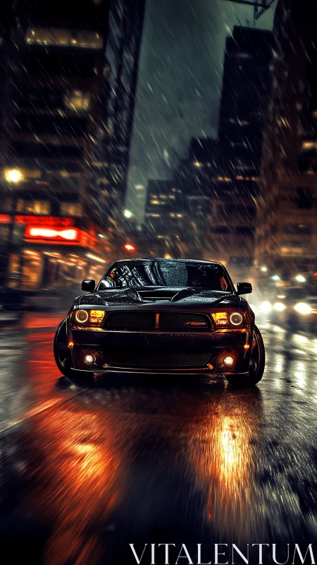 Muscle car attacks rain-soaked neon city street at night.