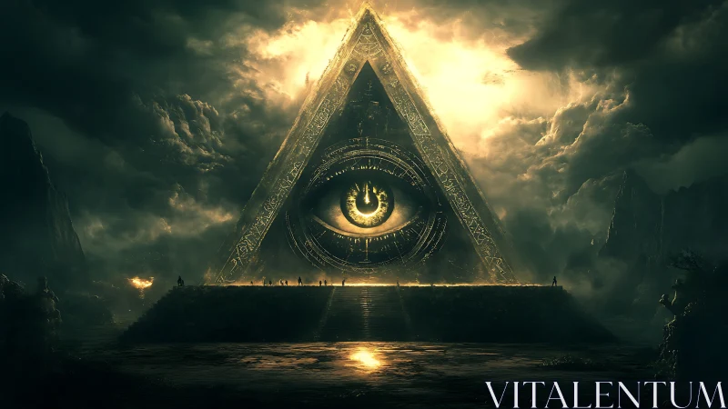 Majestic glowing pyramid eye gazes over a stormy realm