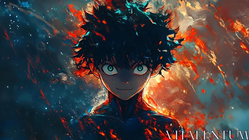 Starlit ember-haired hero grinning through cosmic chaos.