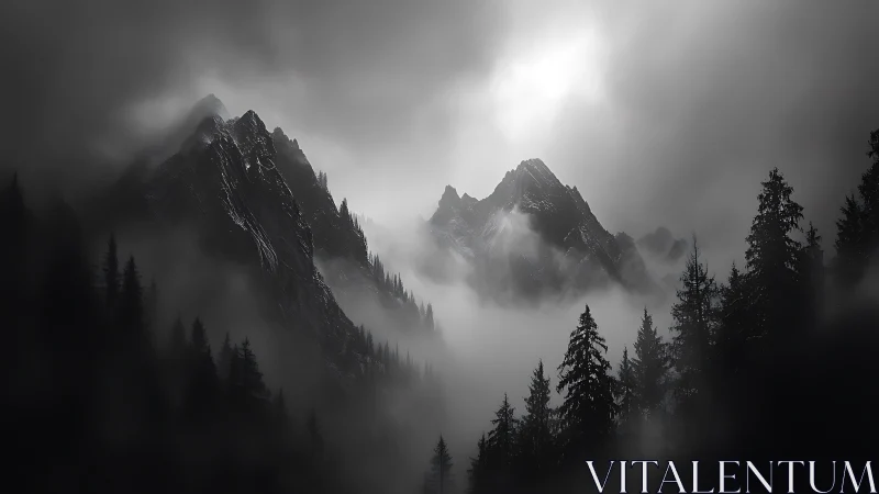 Storm-lit alpine peaks cut through dense monochrome fog.