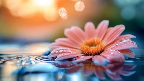 Gerbera daisy with water droplets on mirrored surface.