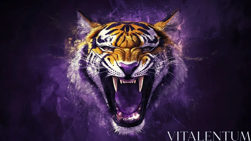 Roaring neon tiger punctures the void of electric violet night