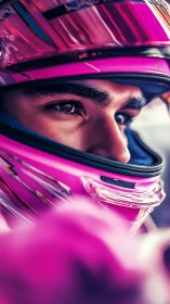 Close-up motorsport portrait with reflective pink helmet.