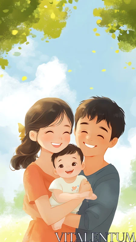 Happy Family with Infant in Sunlit Outdoor Setting.