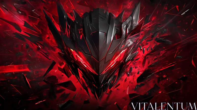 Crimson cyber mask exploding through shards of light.