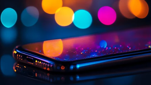Neon smartphone glows under colorful bokeh city lights