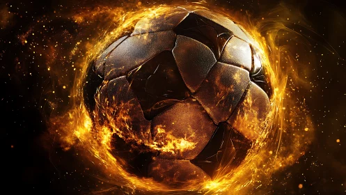 Textured soccer ball rendered within controlled fiery effects