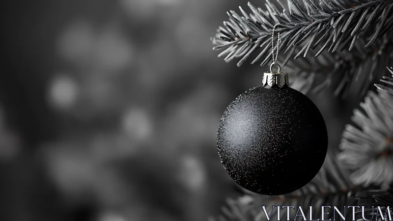Black ornament sphere hangs from frosted conifer branch