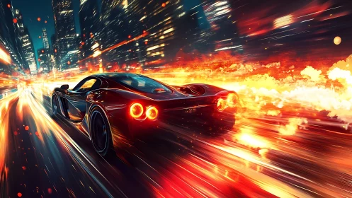 Sleek supercar ignites neon city streets in blazing motion