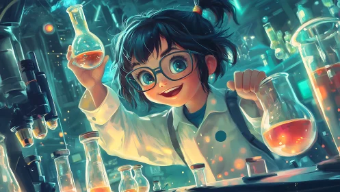 Spark-eyed young scientist brews glowing potions of wonder.