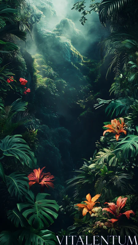 Dense tropical gorge with foliage and filtered light shafts.
