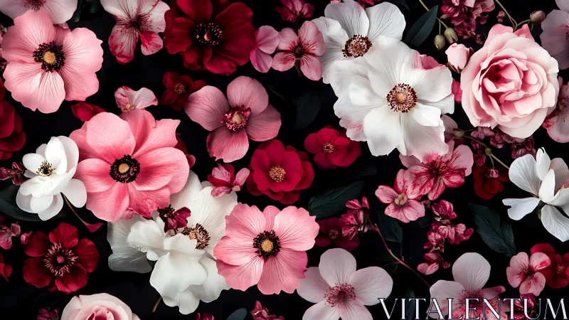Vibrant Floral Composition in Pink, Red, and White Against Black.