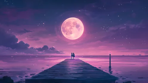 Moonlit lovers on a dreamy violet seaside pier at dusk.
