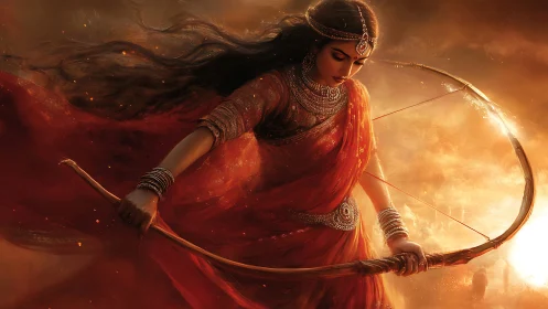 Warrior goddess in blazing red draws a luminous bow.